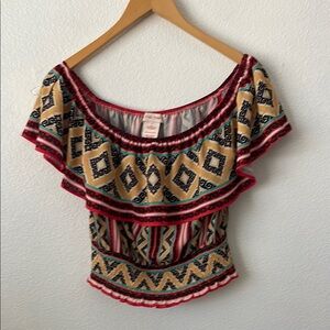 Flying Tomato Black and Red Ruffled Fitted Blouse Boho Off Shoulder